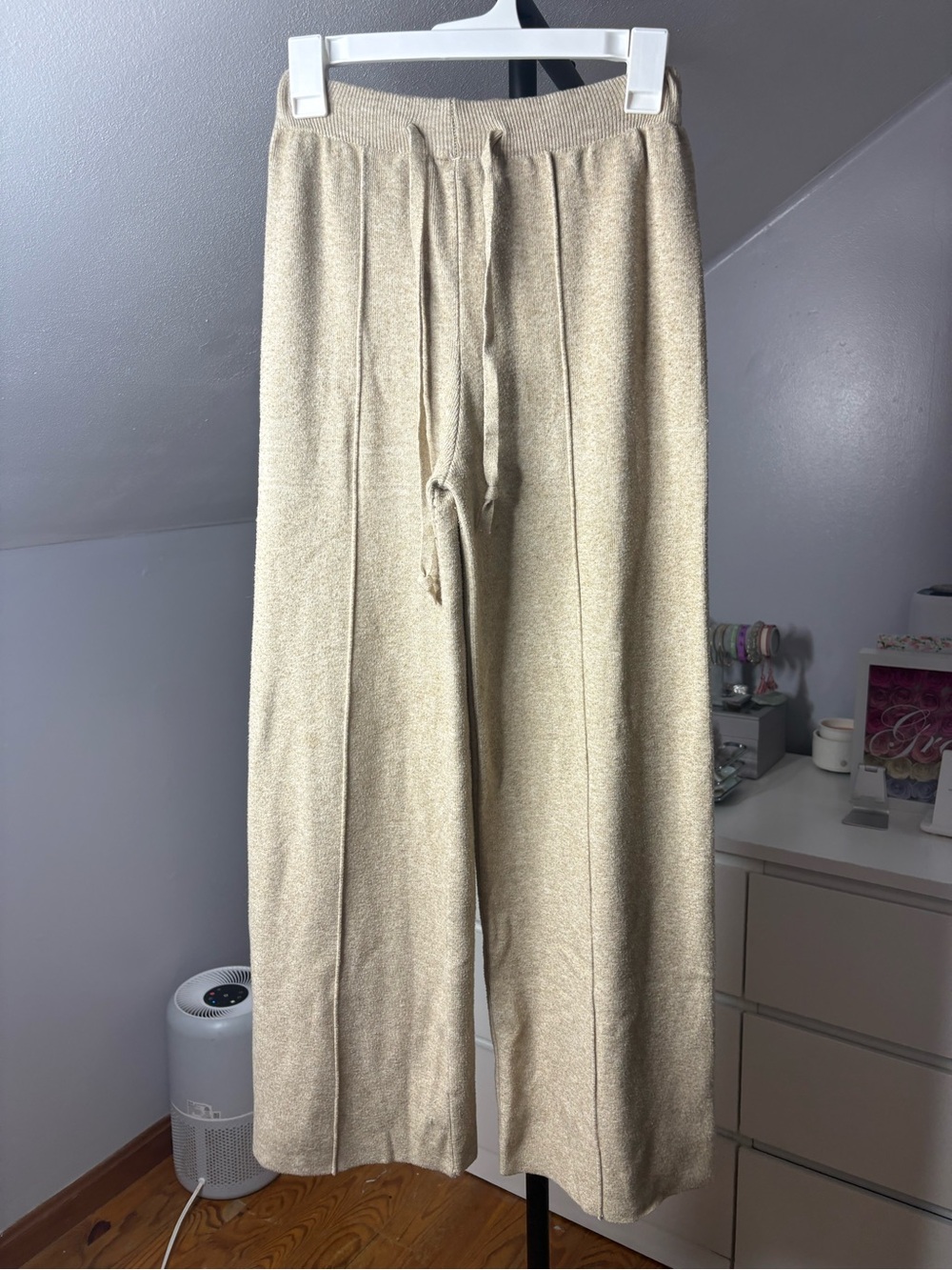 Wide-Leg Drawstring Pants in Light Beige
